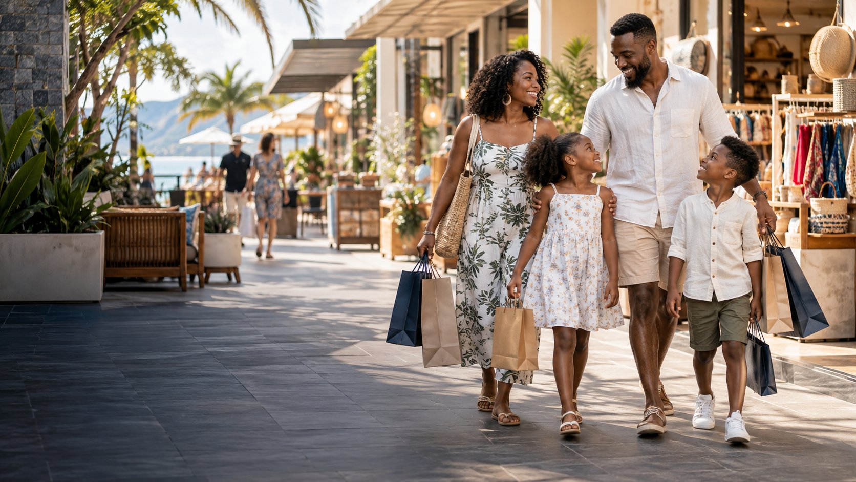 Família num ambiente de compras, produtos e comércio